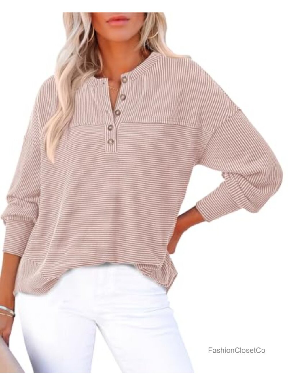 Women's Ribbed Knit Henley Top Long Sleeve Tunic Blouse